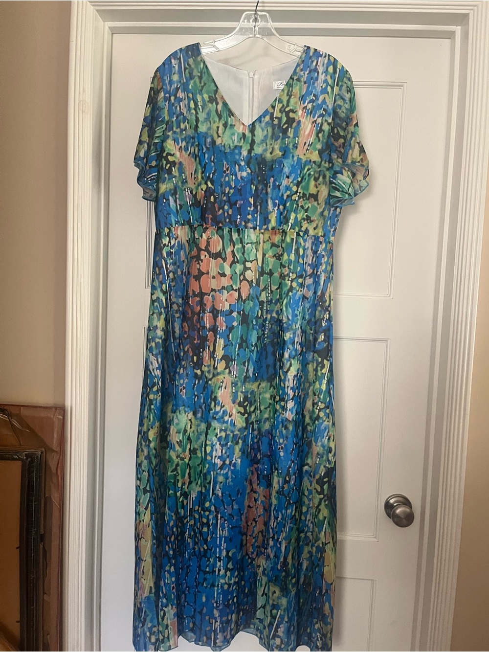 V-Neck Blue & Green Floral Maxi Dress